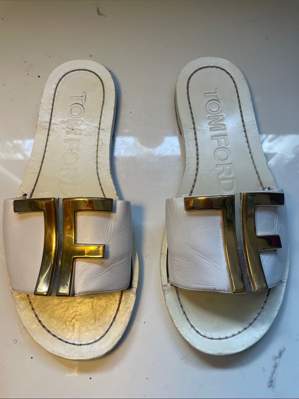Tom Ford White Leather Slide Sandals with Gold TF Hardware